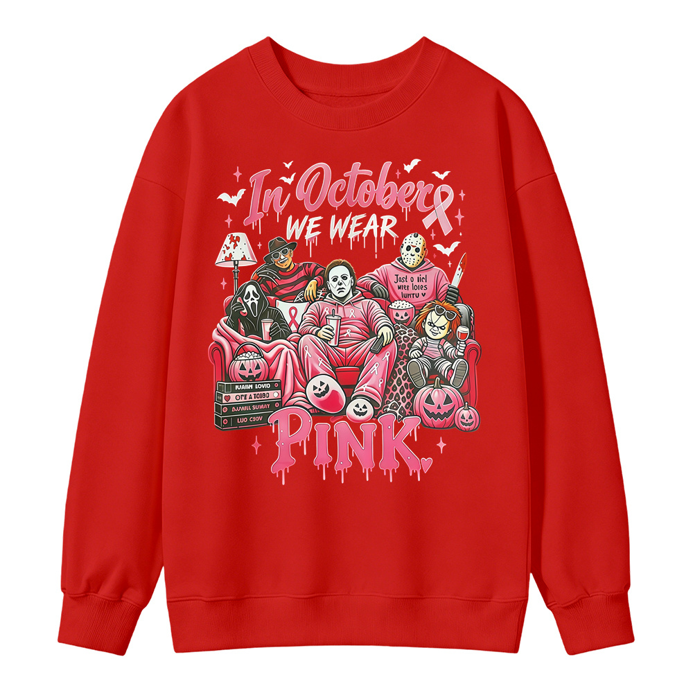 In October We Wear Pink Horror Movie Characters Print Breast Cancer Awareness Graphic Sweatshirt