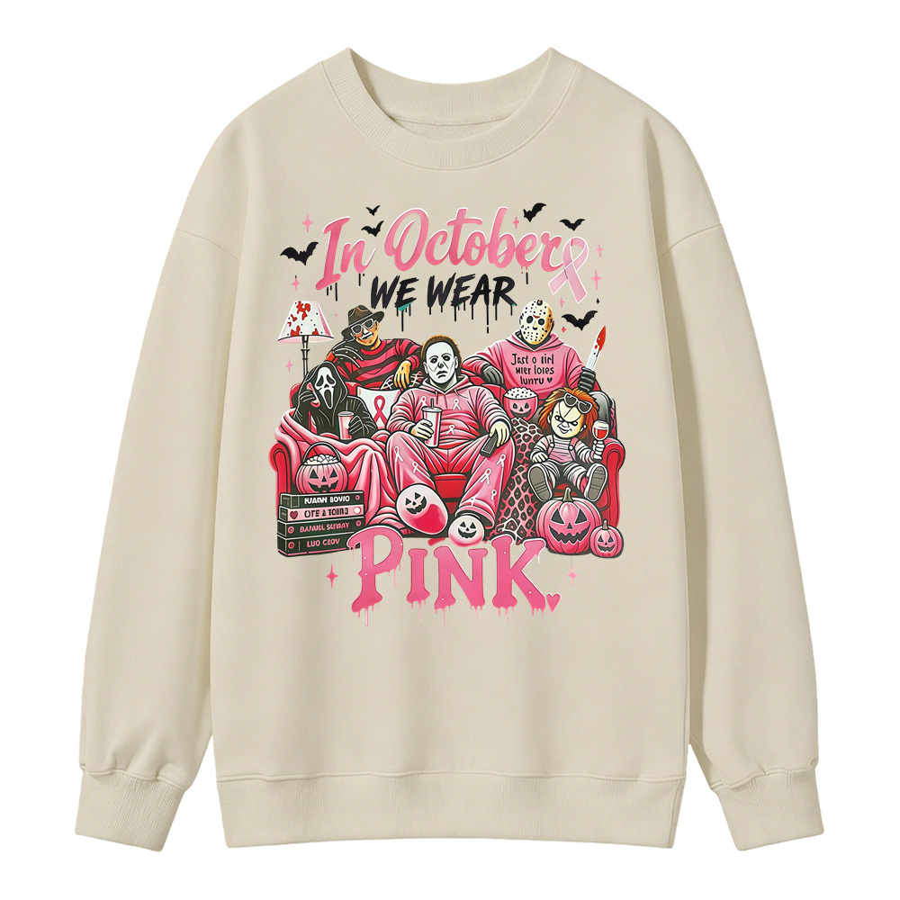 In October We Wear Pink Horror Movie Characters Print Breast Cancer Awareness Graphic Sweatshirt