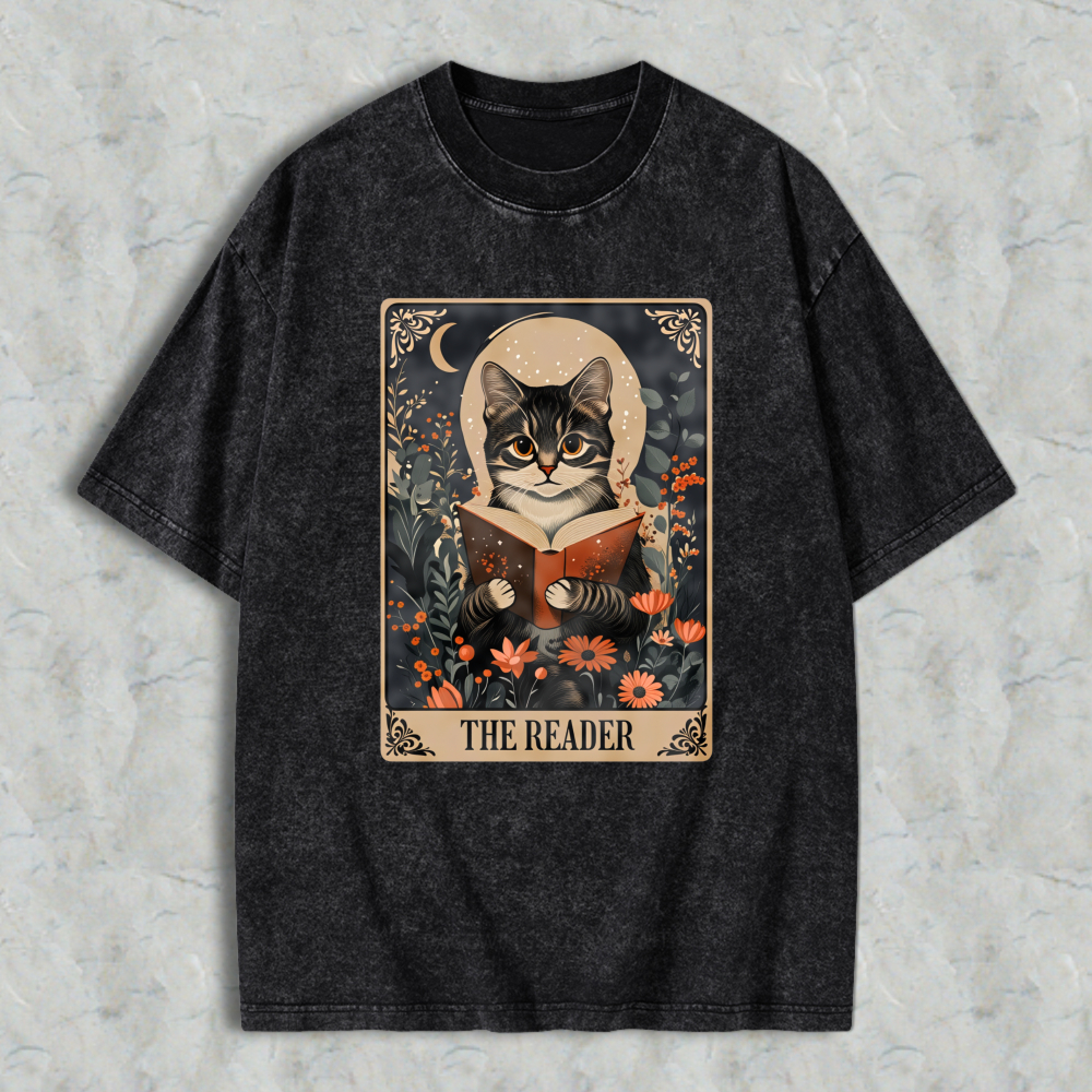 Wardrobecart Cat Reading Book With Floral Background And Moon The Reader Unisex Washed T-shirt