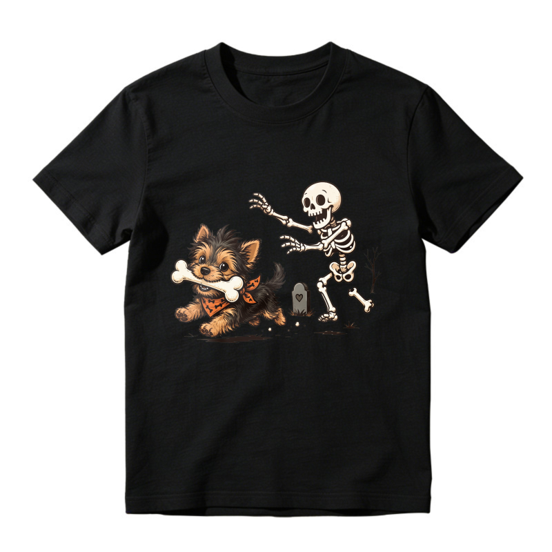 Cute Puppy Chasing Skeleton With Bone Halloween Cartoon Graphic, Unisex Classic T-shirt