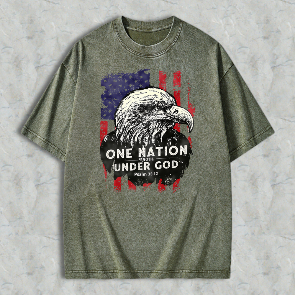 Eagle And American Flag With One Nation Under God Text Washed T-shirt