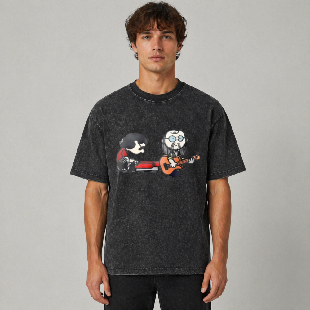 Cartoon Musicians Playing Guitar And Keyboard Graphic Washed T-shirt
