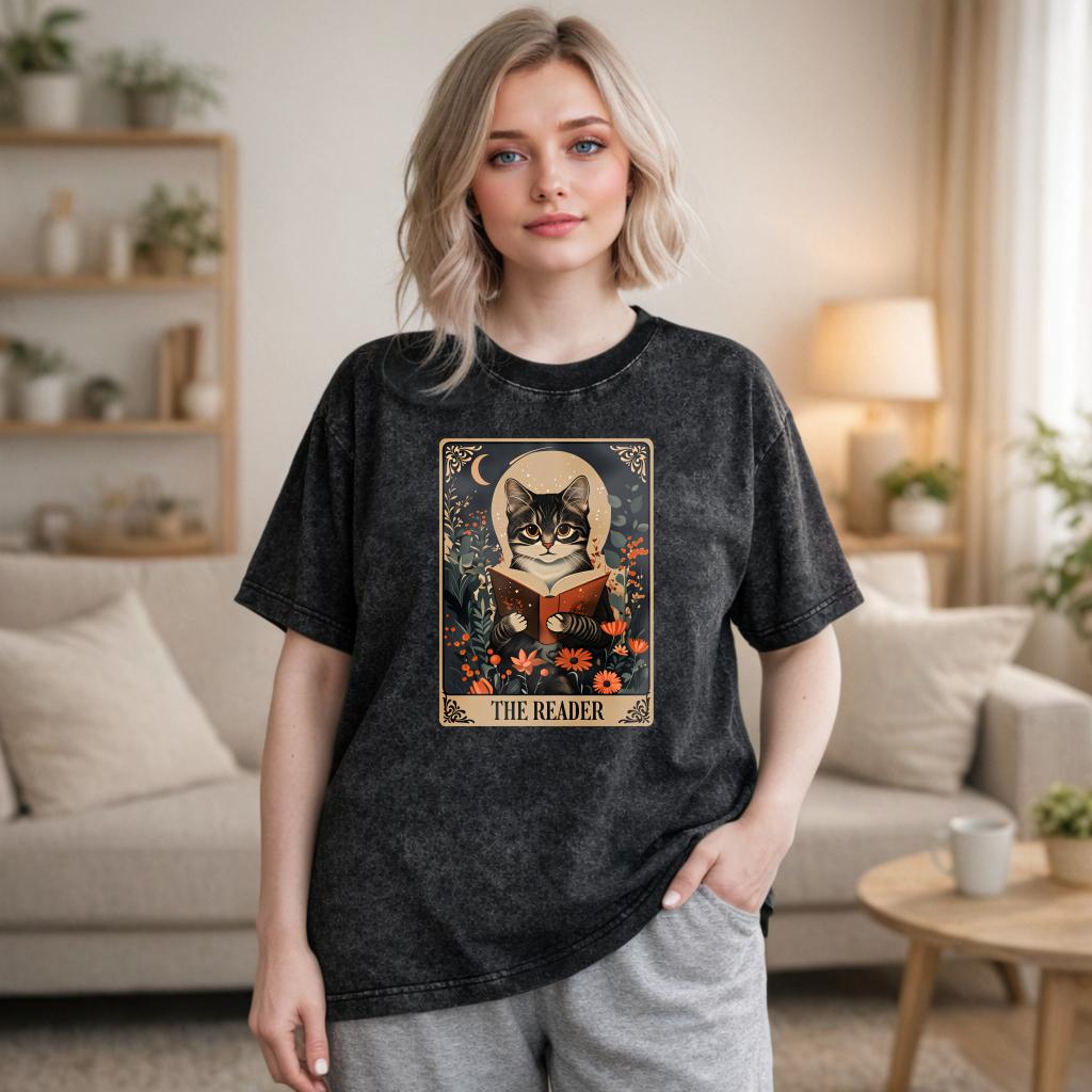 Wardrobecart Cat Reading Book With Flowers And Moon The Reader Unisex Washed T-shirt
