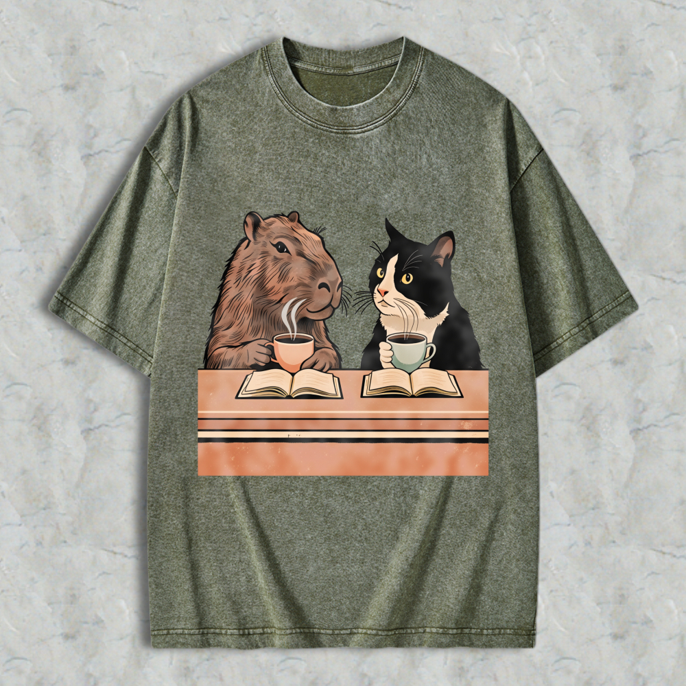 Wardrobecart Capybara And Cat Reading Books With Tea Unisex Washed T-shirt