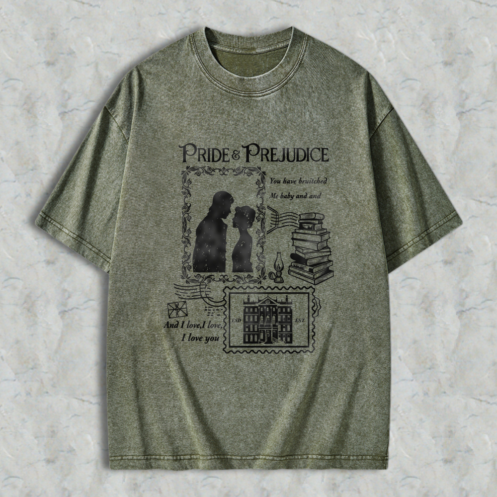 Wardrobecart Pride And Prejudice Quote With Couple Silhouette Books And Mansion Design Unisex Washed T-shirt