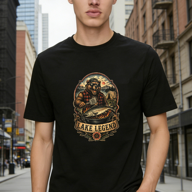 Bear Fishing Lake Legend Vintage Retro Graphic Unisex Classic T-shirt