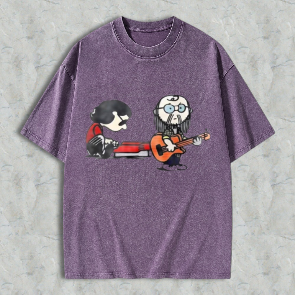 Cartoon Musicians Playing Guitar And Keyboard Graphic Washed T-shirt