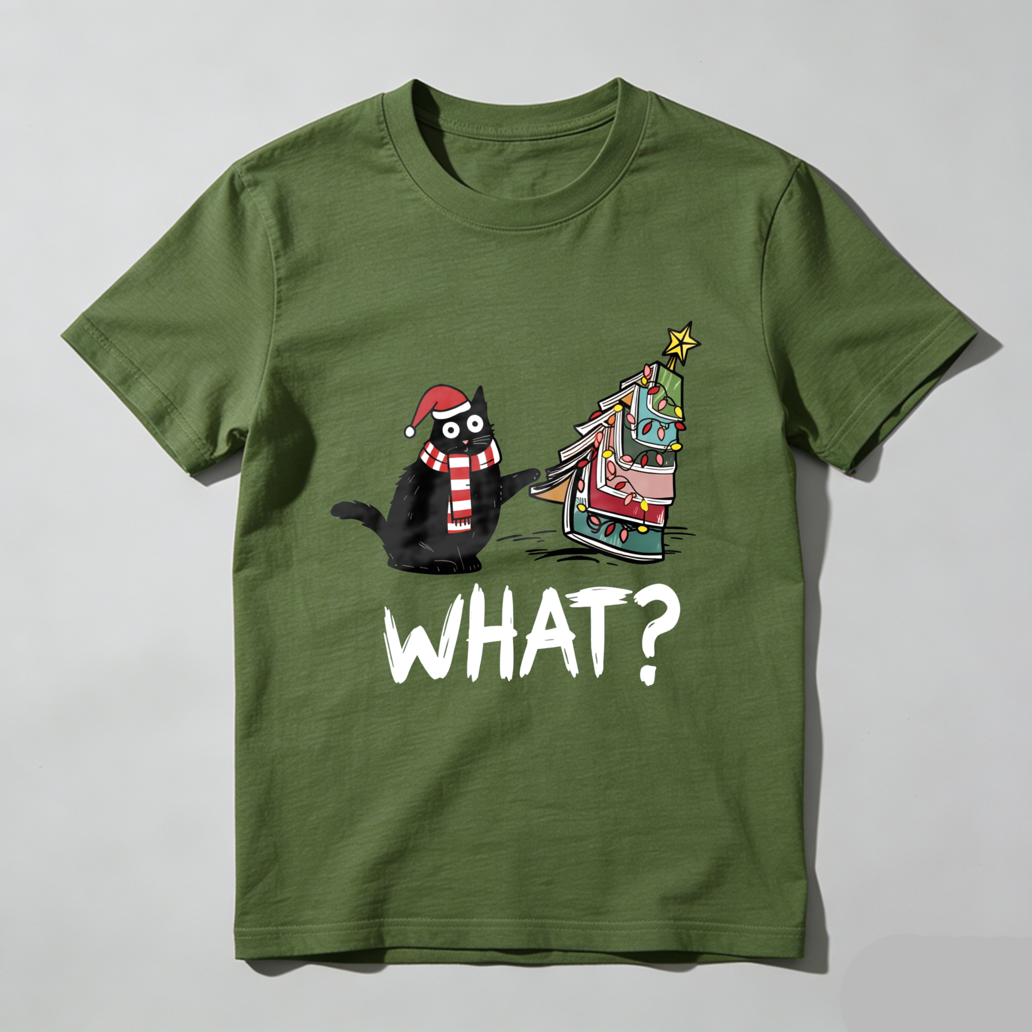Wardrobecart Cat Wearing Santa Hat And Scarf   Christmas Tree Made Of Books   What Question Mark Below Tshirt