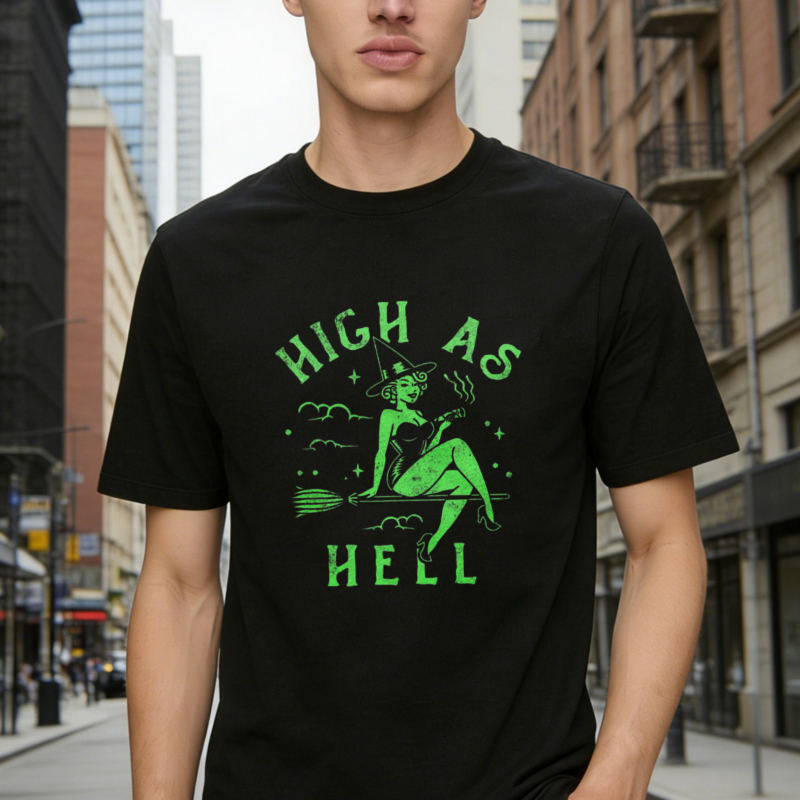 High As Hell Witch On Broomstick Halloween Graphic T-shirt