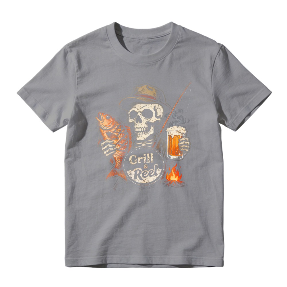 Skull Holding Fish And Beer With Fishing Rod And Fire Grill Reel Graphic Unisex Classic T-shirt