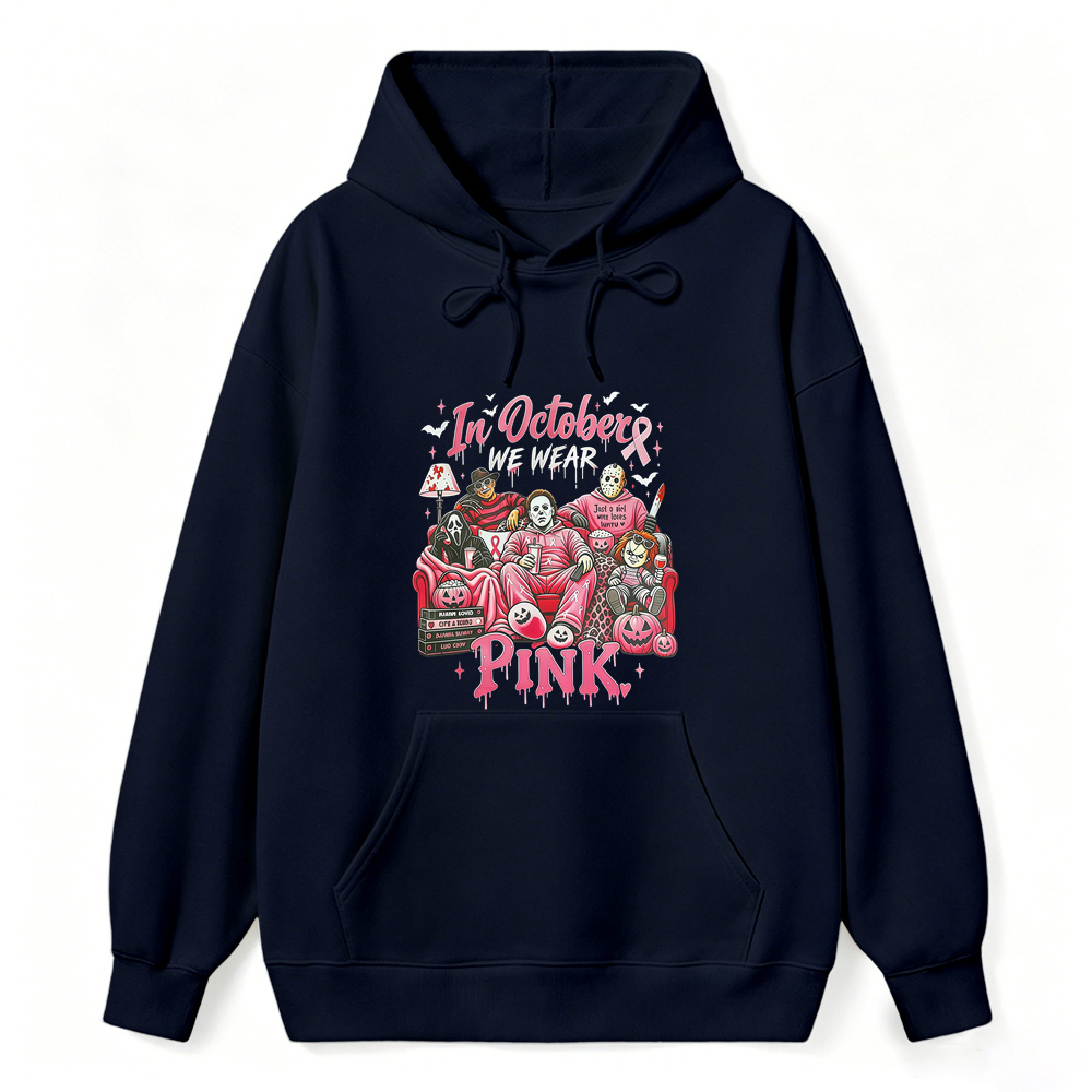 In October We Wear Pink Horror Movie Characters Print Breast Cancer Awareness Graphic Hoodie