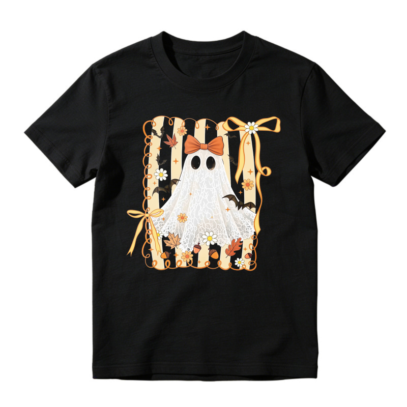 Cute Ghost With Orange Bow And Autumn Leaves Frame, Unisex Classic T-shirt
