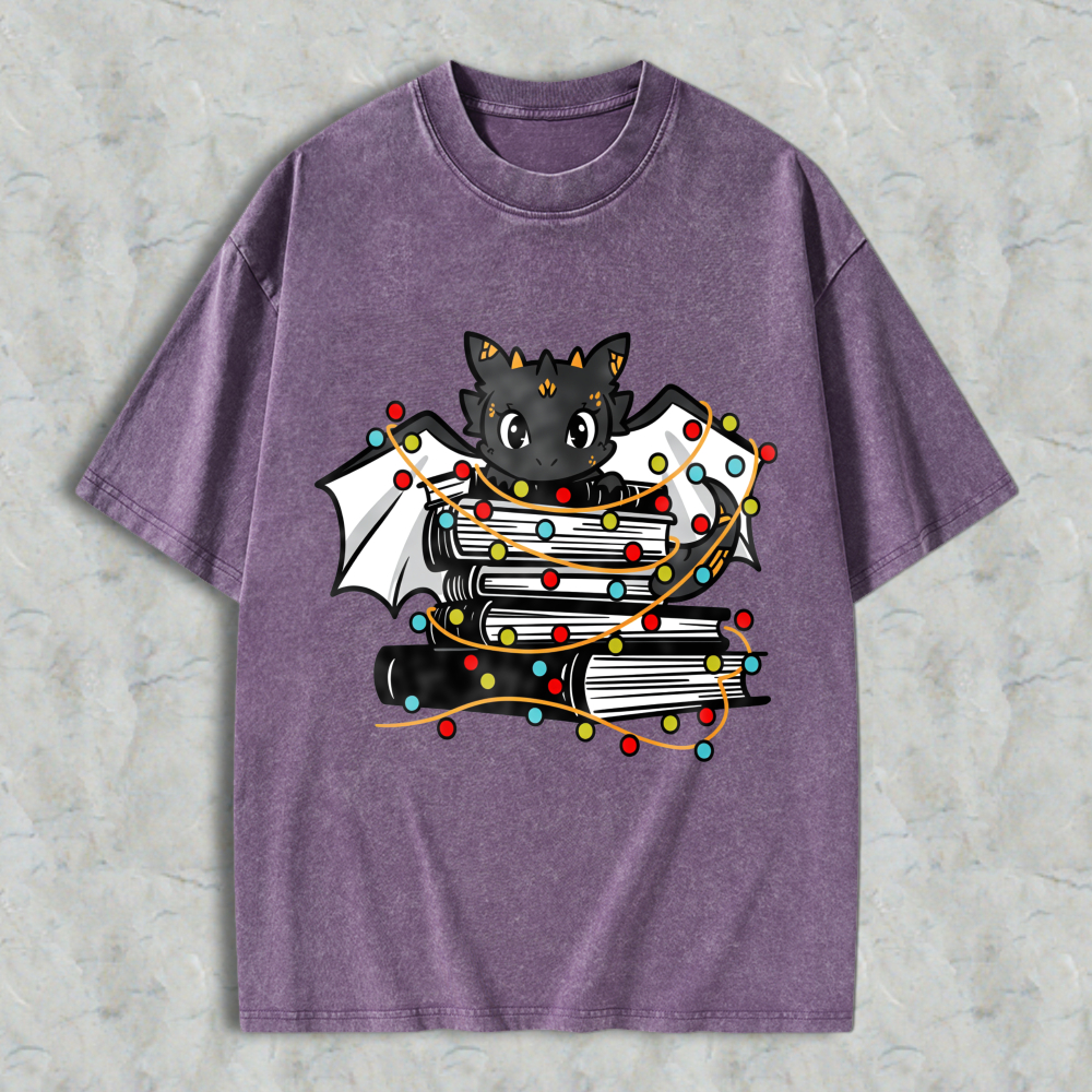Wardrobecart Cute Bat With Books And Christmas Lights Unisex Washed T-shirt