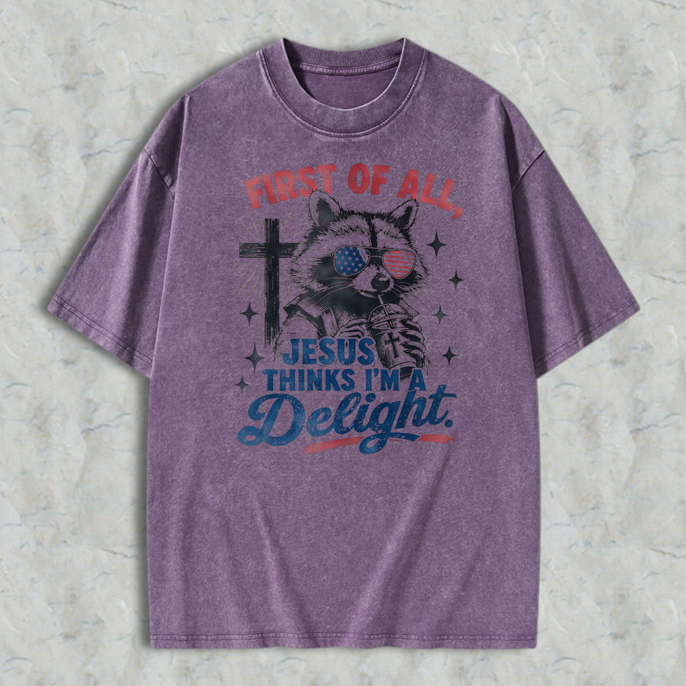 Cat With American Flag Eyes And Cross First Of All Jesus Thinks I M Delight Washed T-shirt