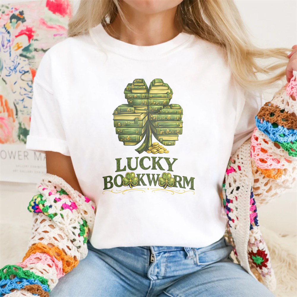 Wardrobecart Lucky Bookworm Shamrock Books Design tshirt