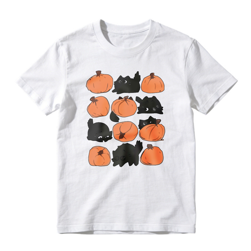 Cute Black Cats And Orange Pumpkins Grid Pattern, Unisex Classic T-shirt