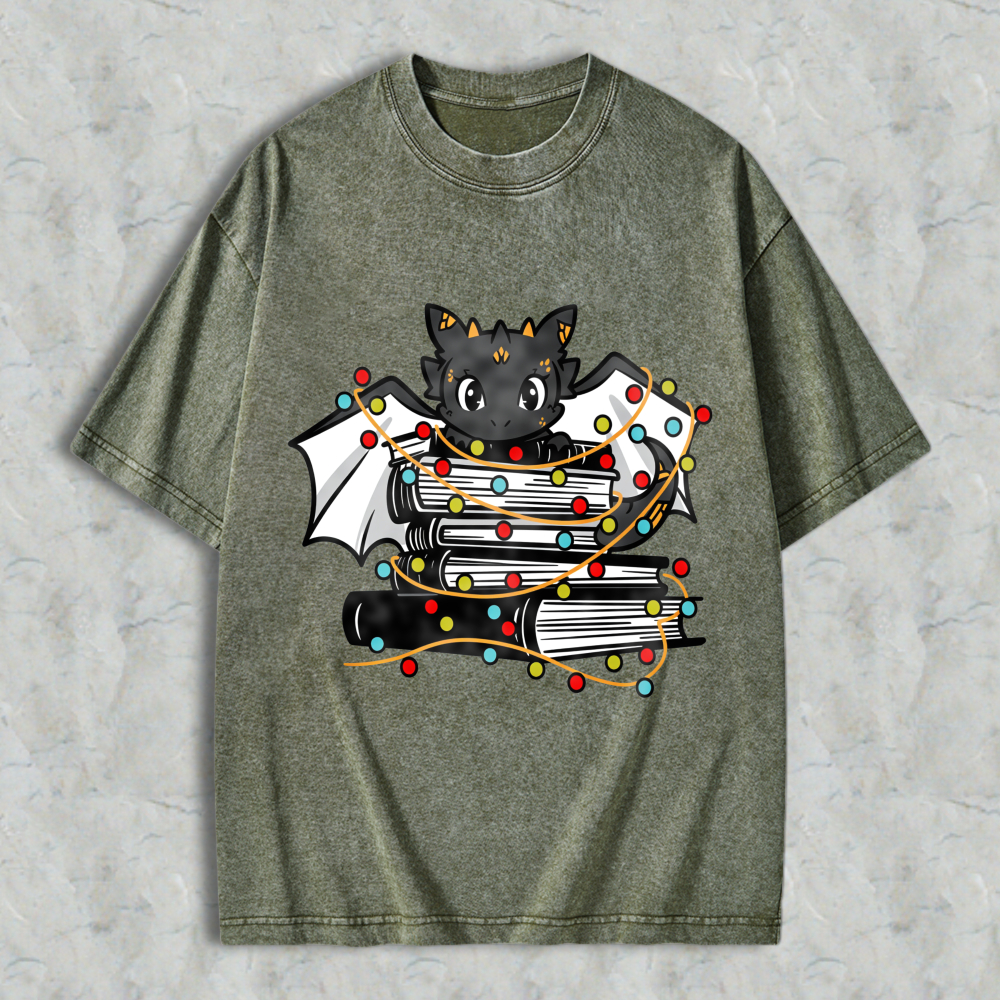 Wardrobecart Cute Bat With Books And Christmas Lights Unisex Washed T-shirt