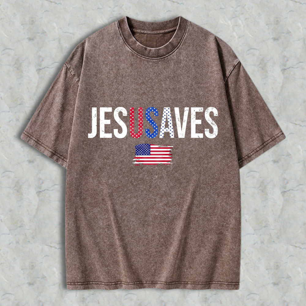 Jesus Saves With American Flag Design Washed T-shirt