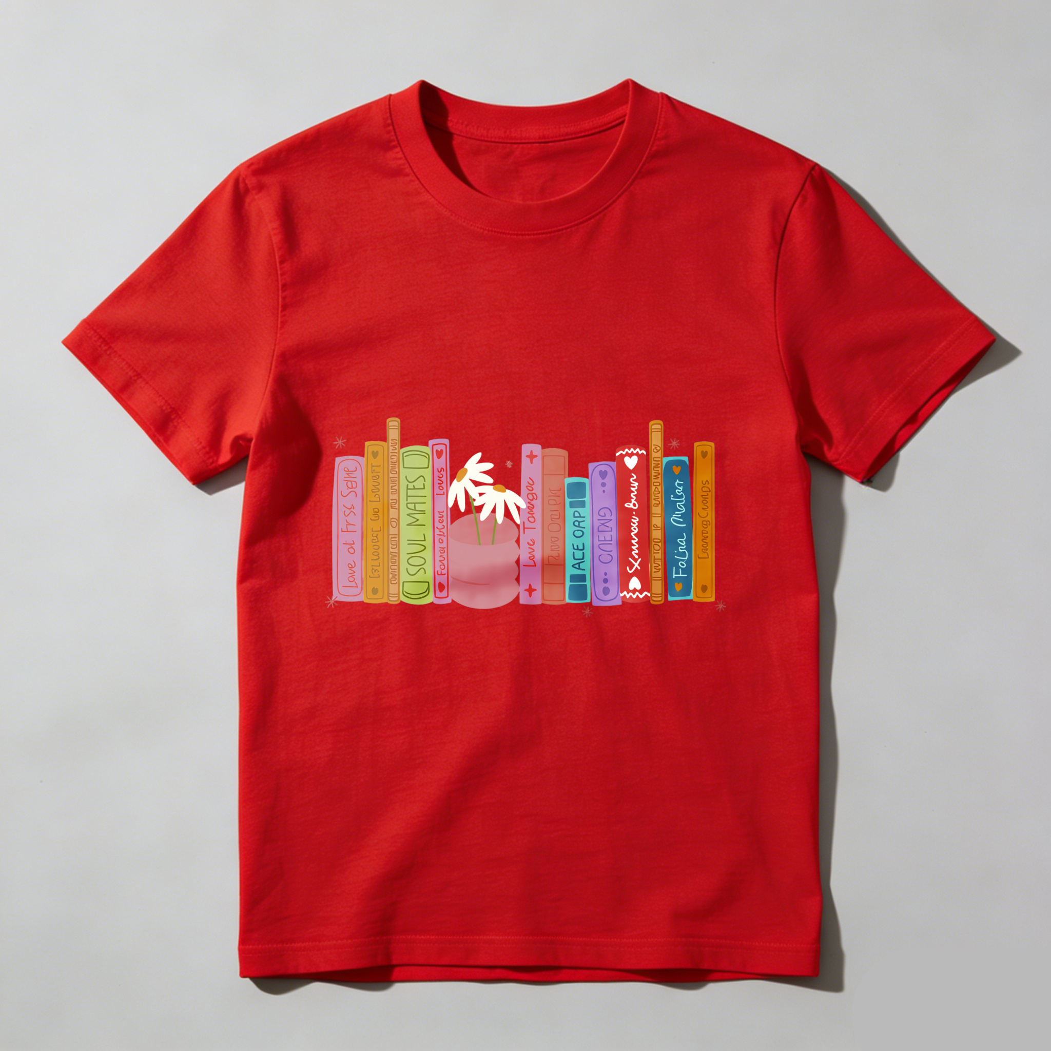 Wardrobecart Colorful Bookshelf With Potted Plant Tshirt