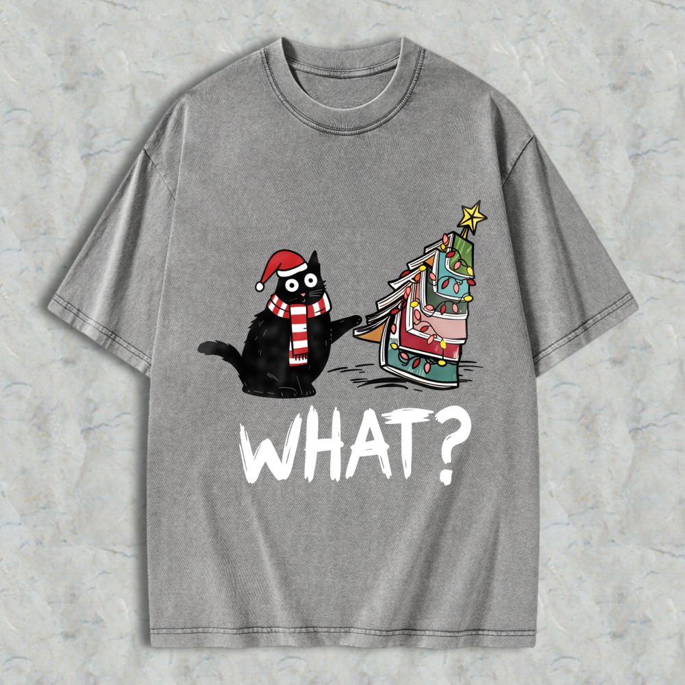 Wardrobecart Cartoon Cat Wearing Santa Hat And Scarf Standing Next To A Christmas Tree With A Star On Top What Question Mark Unisex Washed T-shirt