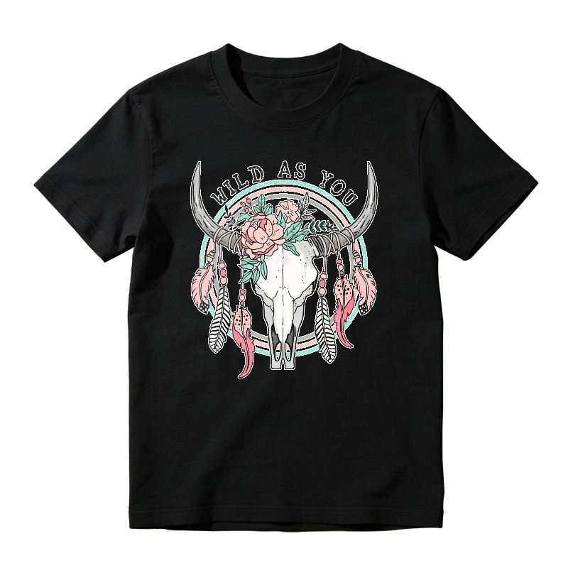 Wild As You Bull Skull With Flowers And Feathers, Unisex Classic T-shirt