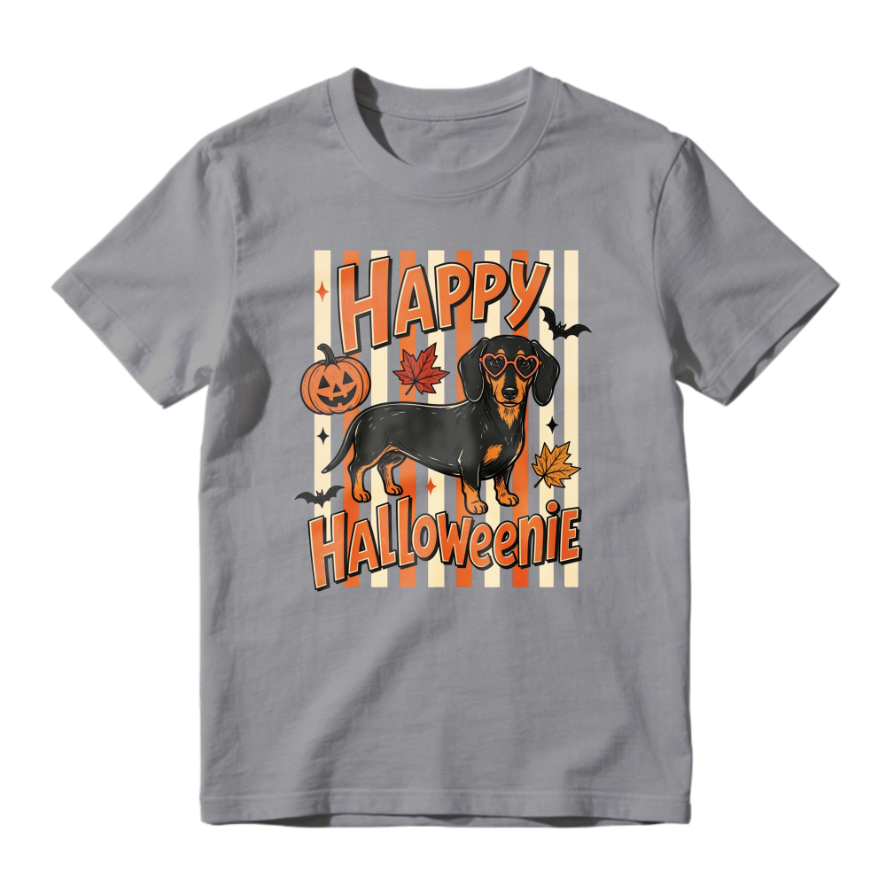 Happy Halloweenie Dachshund Dog Pumpkin Bat Autumn Leaves, Unisex Classic T-shirt