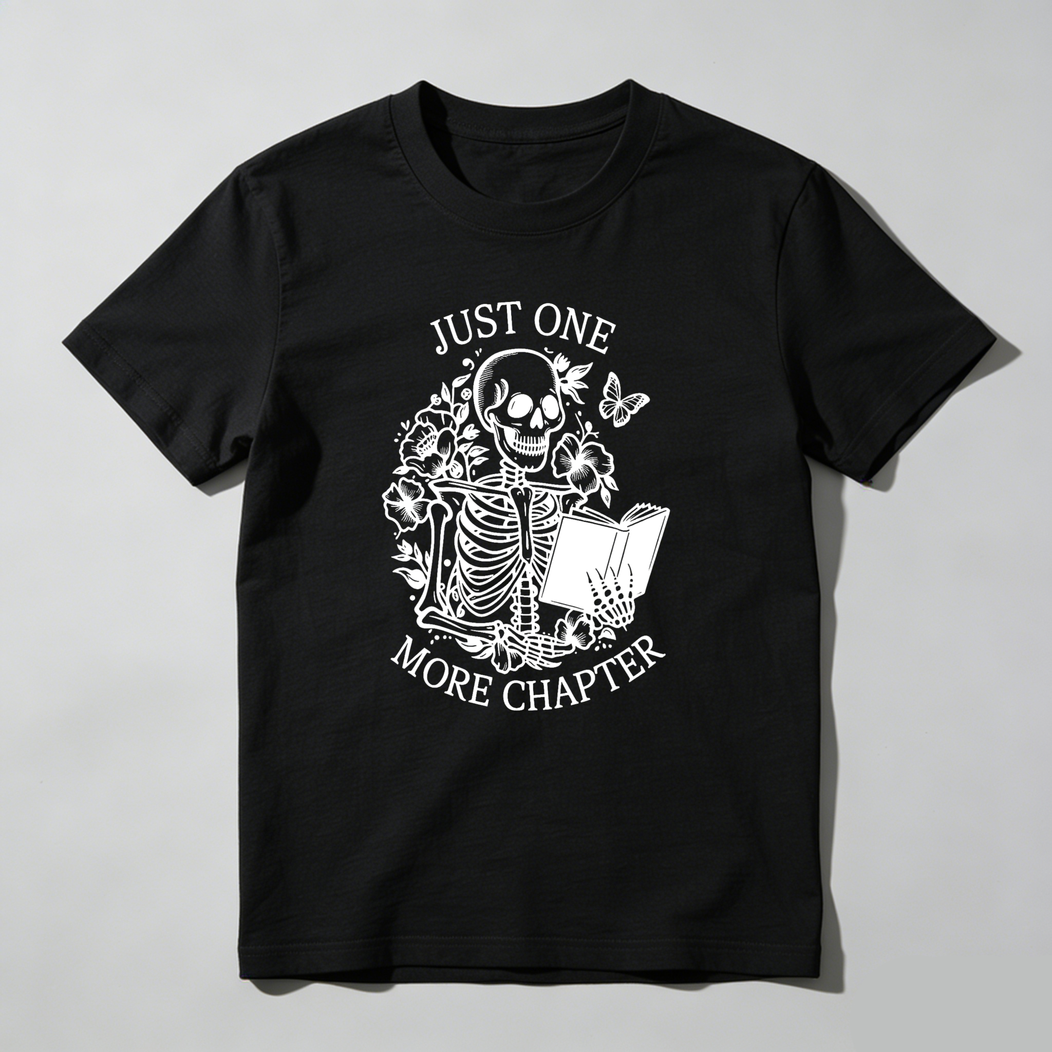Wardrobecart Skeleton Reading Book With Flowers And Butterfly Tshirt