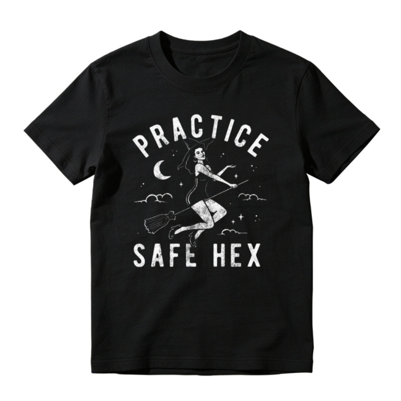 Practice Safe Hex Witch Broomstick Moon Stars Graphic T-shirt