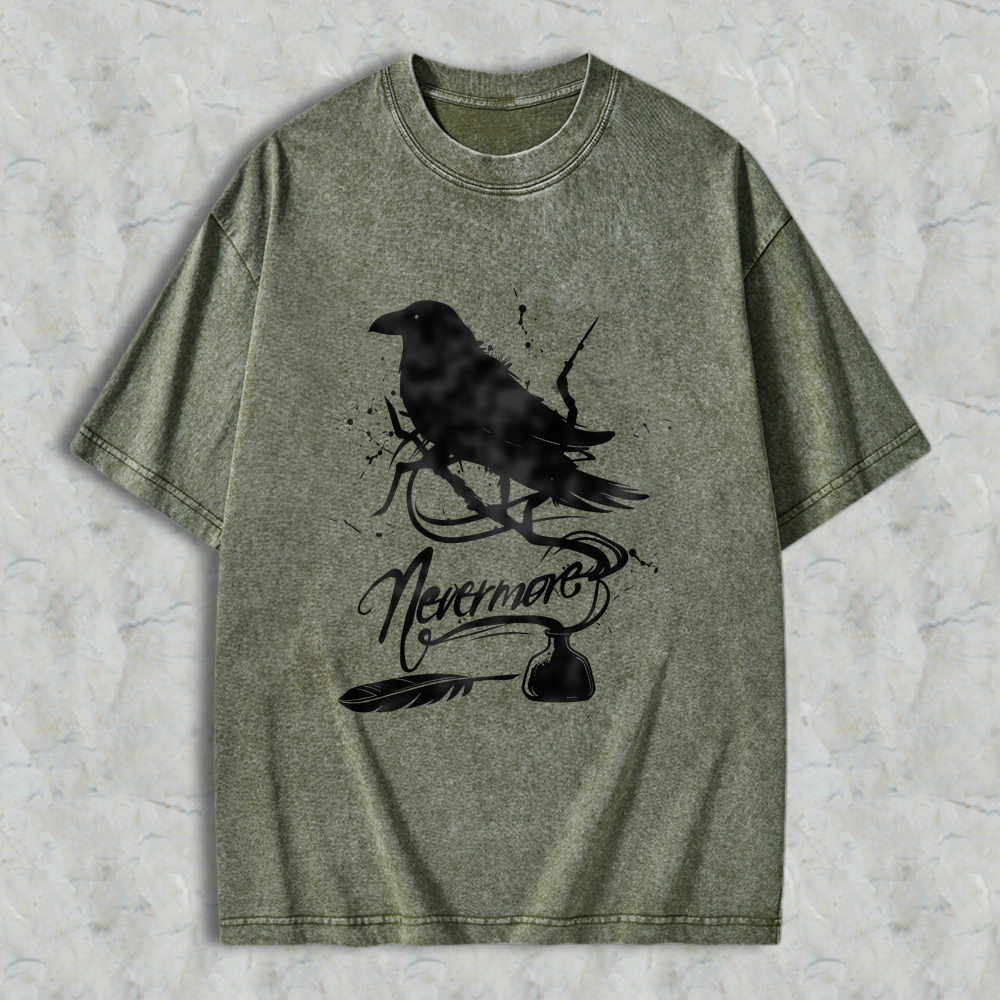Wardrobecart Raven Nevermore Poem Bird Feather Inkwell Unisex Washed T-shirt
