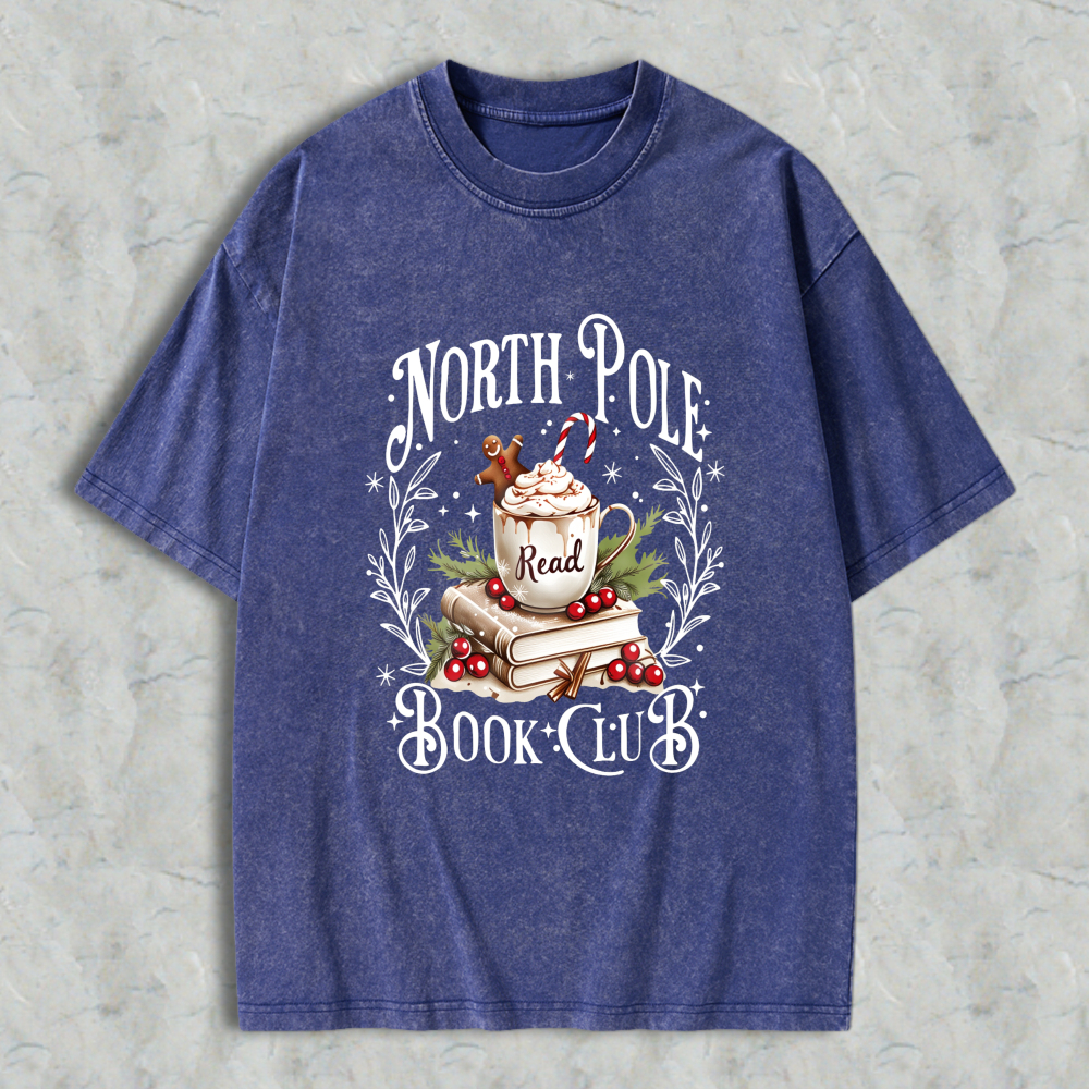 Wardrobecart North Pole Book Club Christmas Reading Theme With Mug Books And Holly Unisex Washed T-shirt