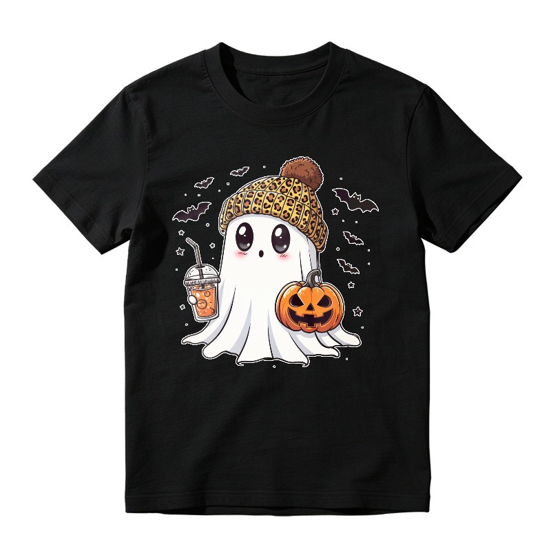 Cute Ghost Wearing Leopard Beanie Holding Pumpkin And Drink Unisex Classic T-shirt