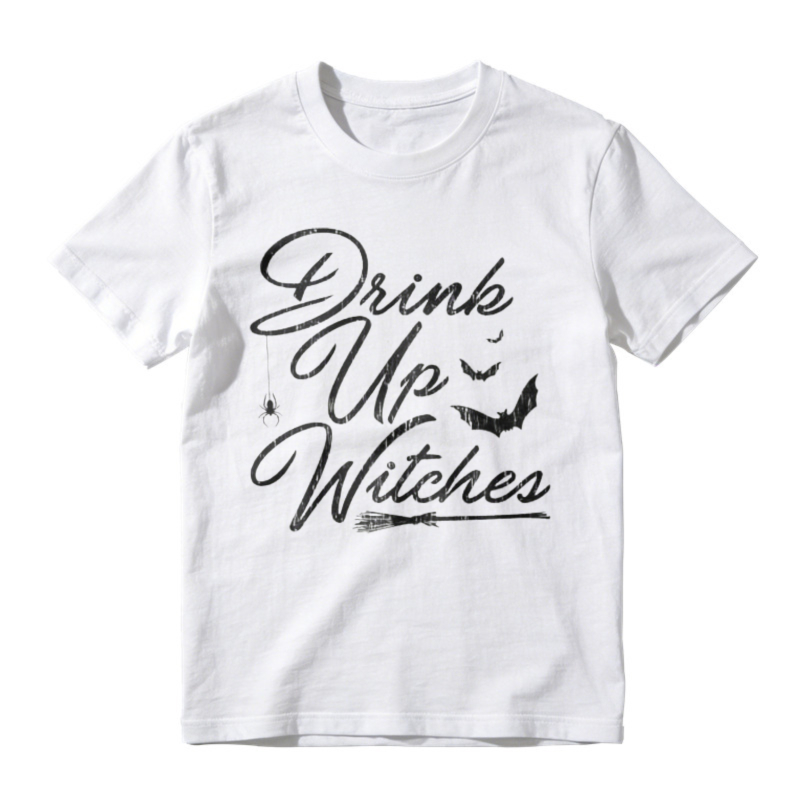 Drink Up Witches Halloween Bat Broomstick Graphic T-shirt