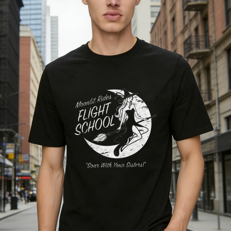 Moonlit Rides Flight School Witch On Broomstick Moon Graphic T-shirt
