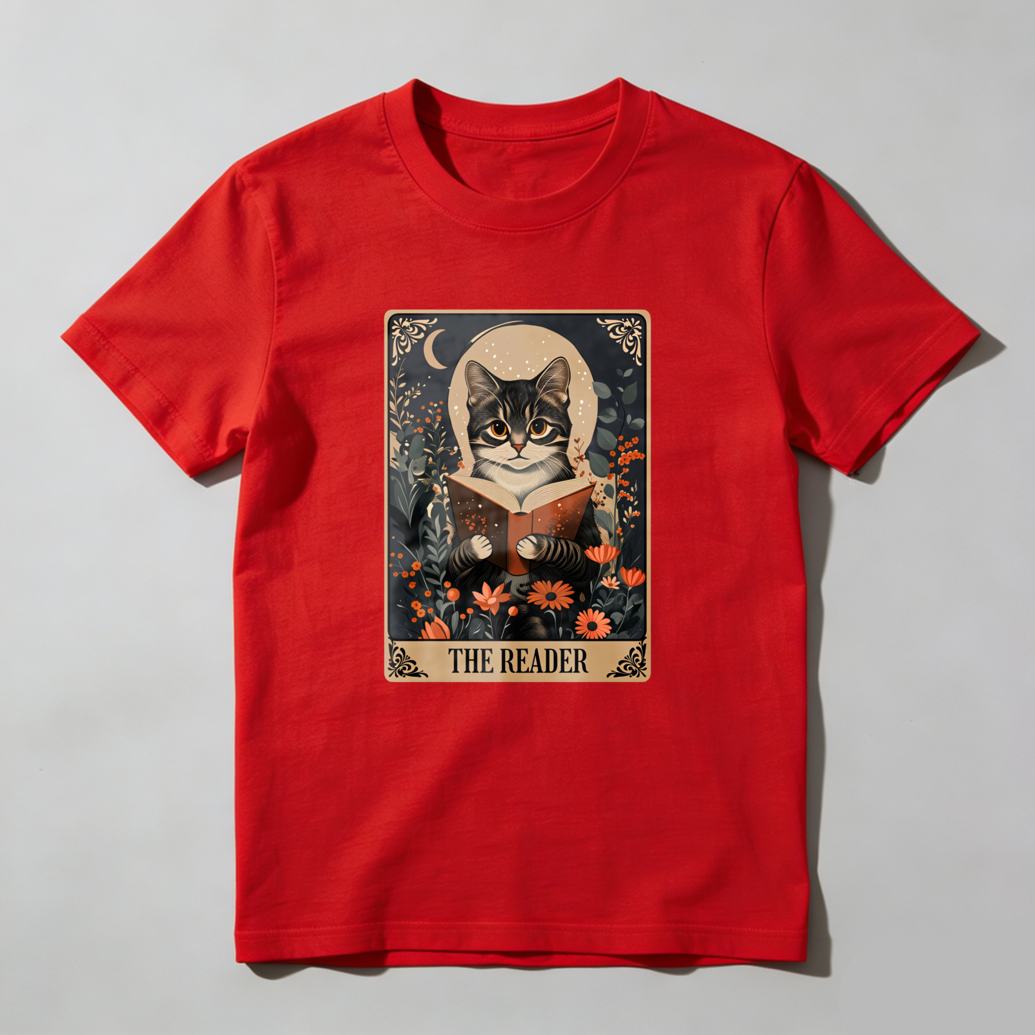 Wardrobecart Cat Reading Book Floral Moon Design Tshirt