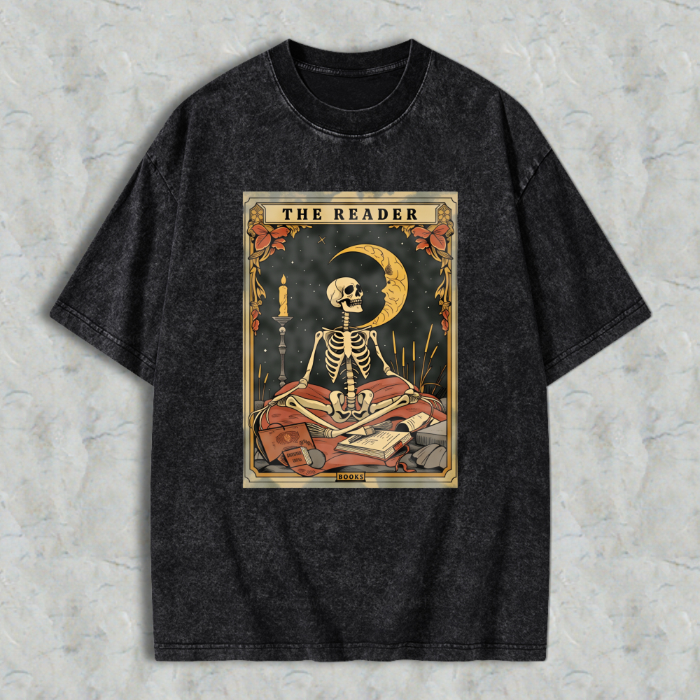 Wardrobecart Skeleton Reading Book Under Moonlight With Candle And Tarot Cards The Reader Unisex Washed T-shirt