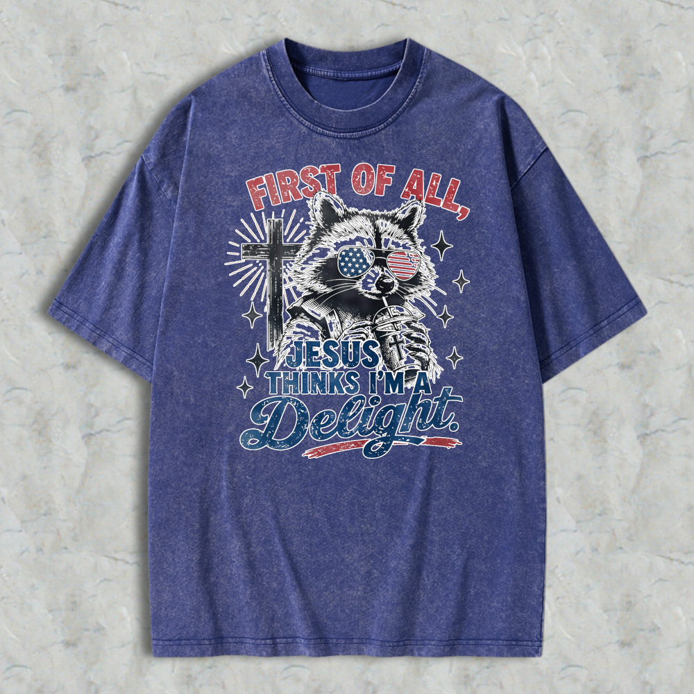 Cat With American Flag Eyes And Cross First Of All Jesus Thinks I M Delight Washed T-shirt