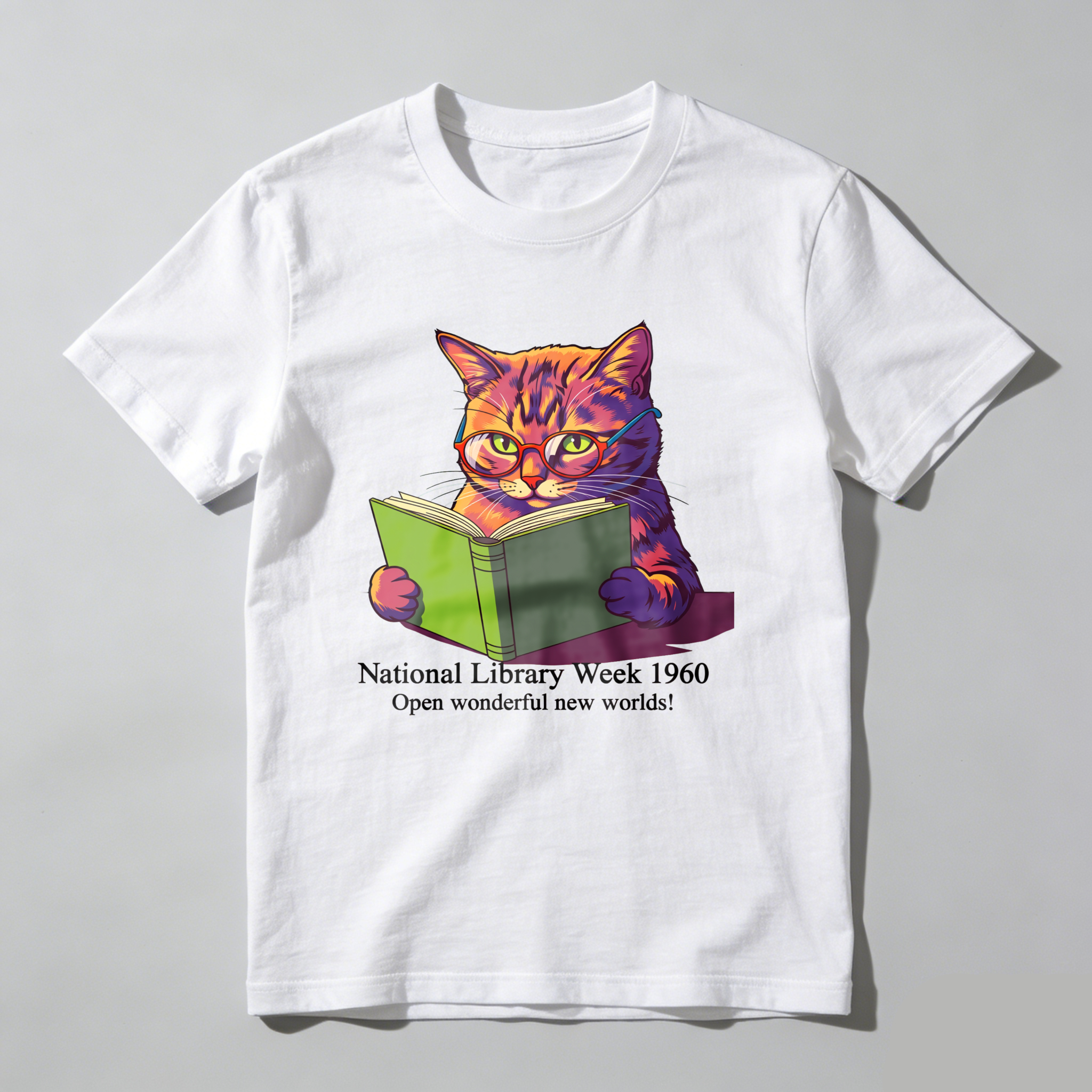 Wardrobecart Cat Reading Book National Library Week 1960 Tshirt 100% cotton