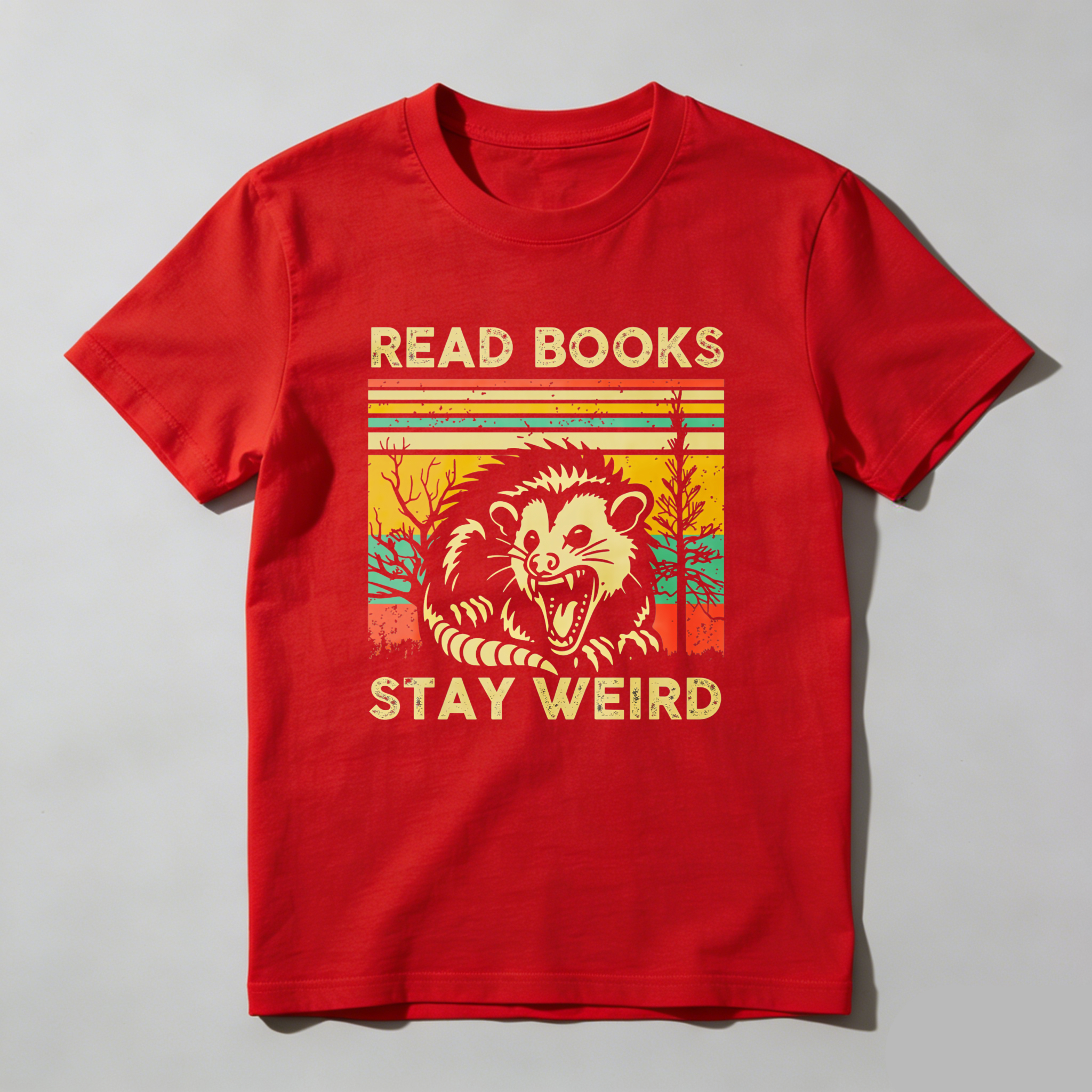 Wardrobecart Read Books Stay Weird Opossum Sunset Trees Tshirt