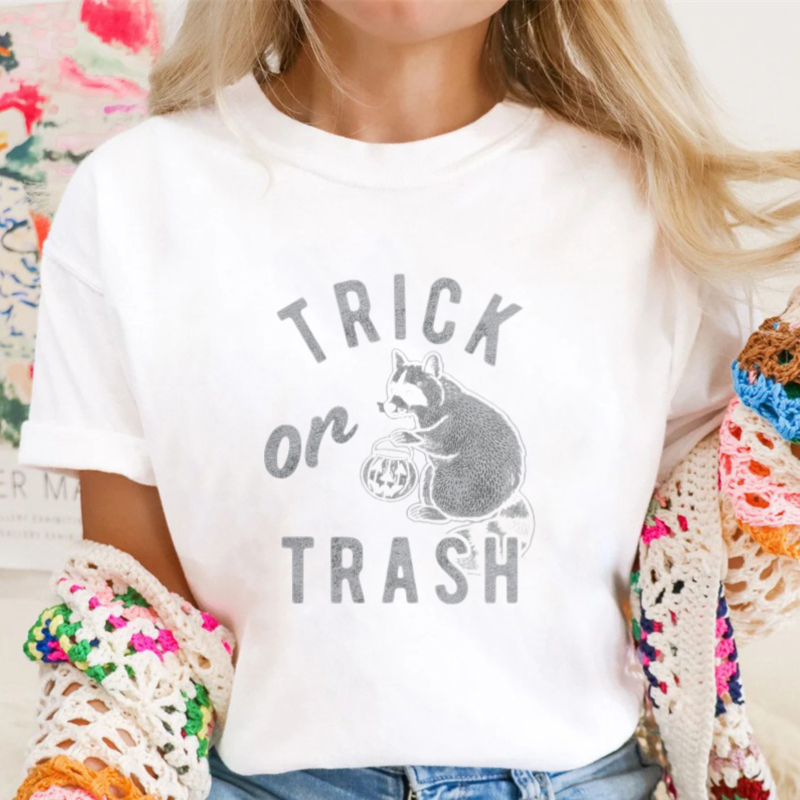 Trick Or Trash Raccoon Holding Pumpkin Halloween Funny Graphic T-shirt