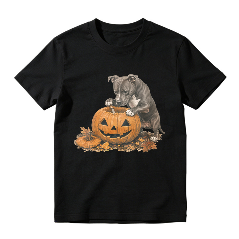 Pitbull Puppy With Jack O Lantern Pumpkin Halloween Autumn Leaves, Unisex Classic T-shirt