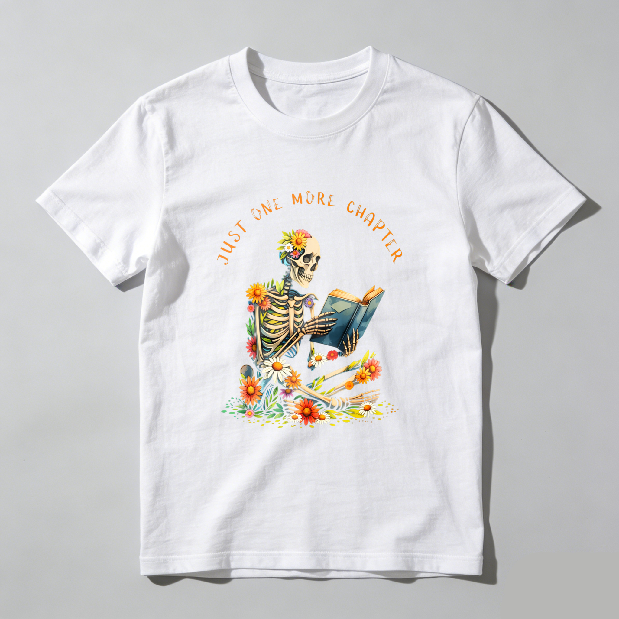 Wardrobecart Skeleton Reading Book With Flowers Tshirt