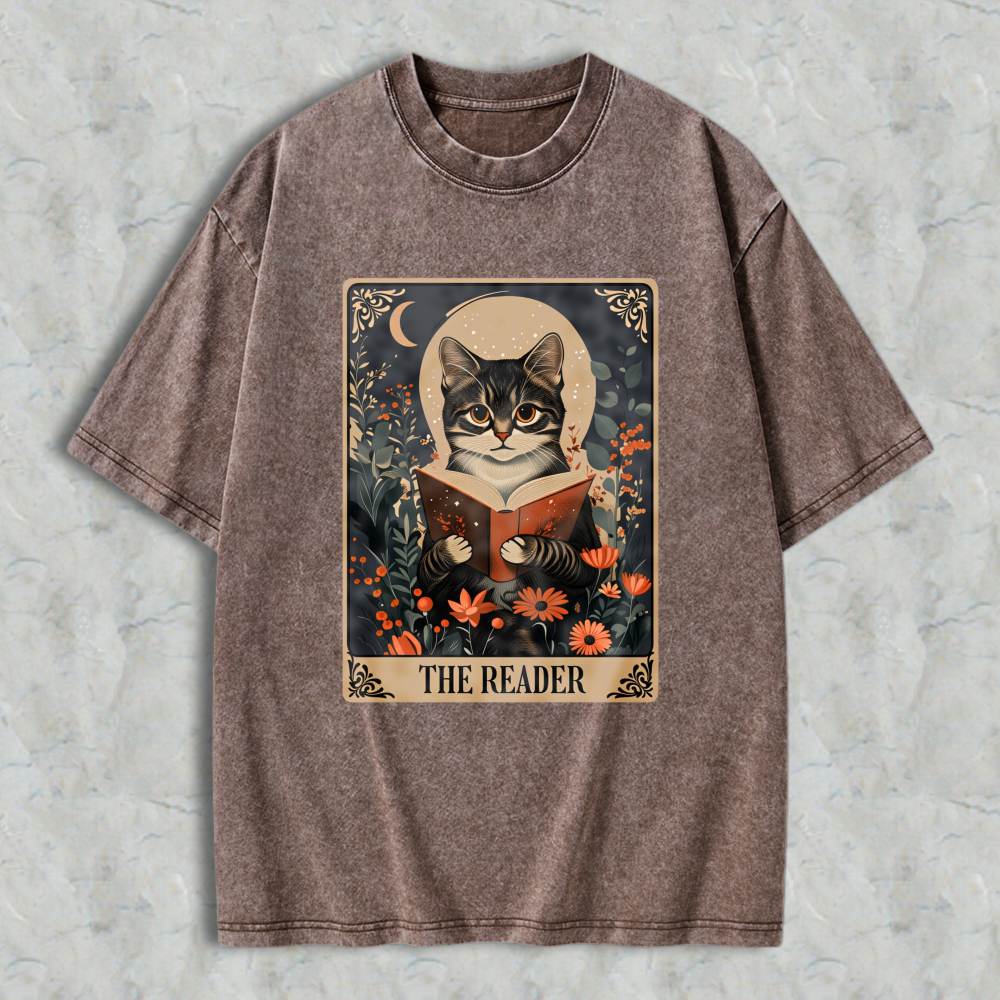 Wardrobecart Cat Reading Book With Flowers And Moon The Reader Unisex Washed T-shirt