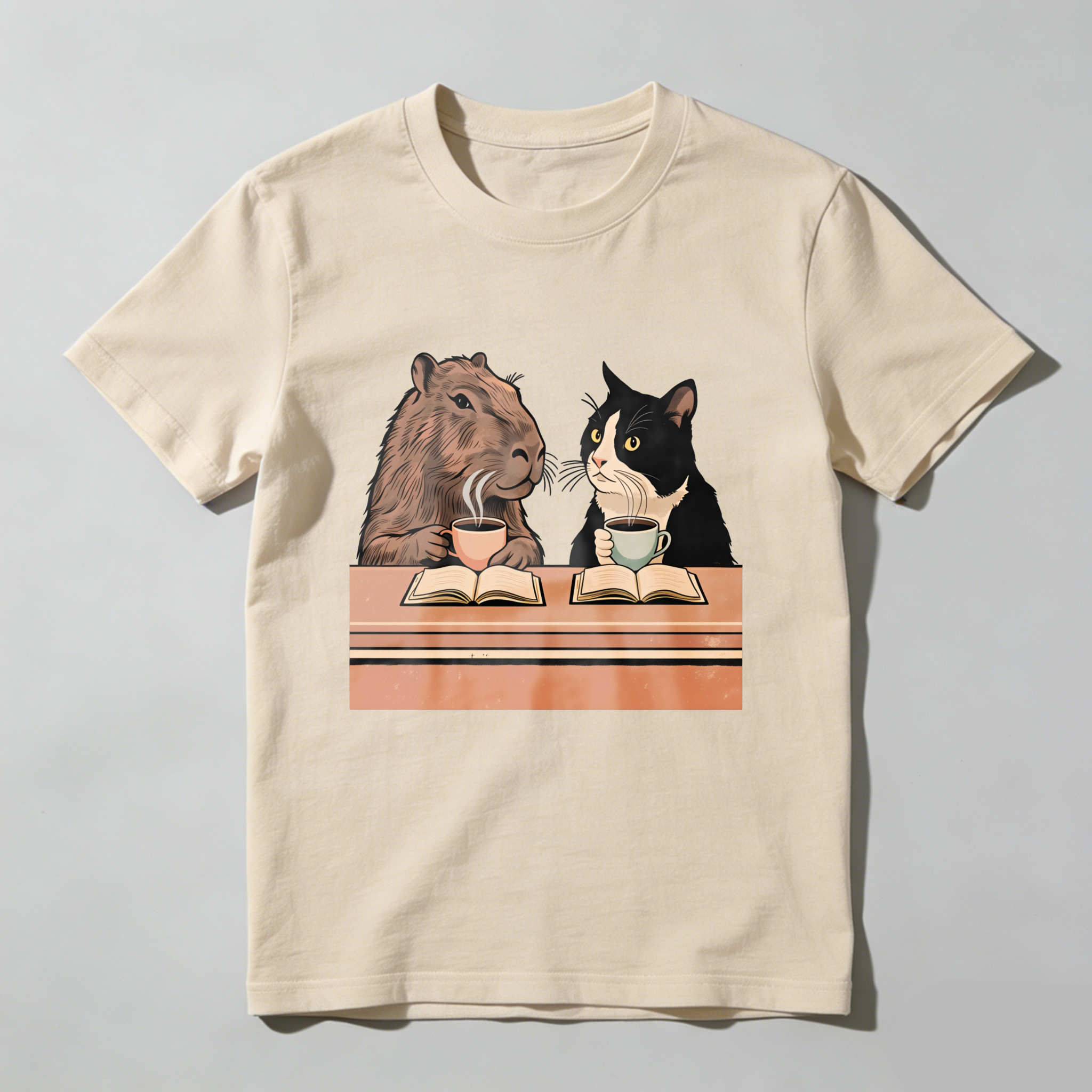 Wardrobecart Capybara And Cat Reading Books With Tea Tshirt