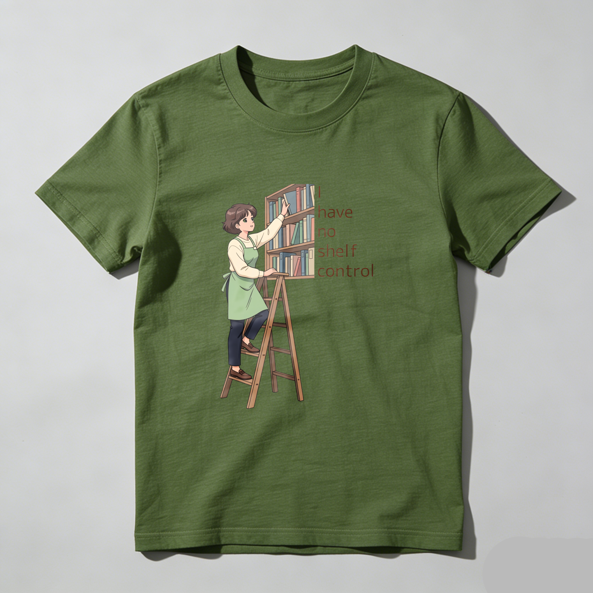 Wardrobecart Woman On Ladder Reaching Bookshelf With Text I Have No Shelf Control Unisex Classic T-shirt