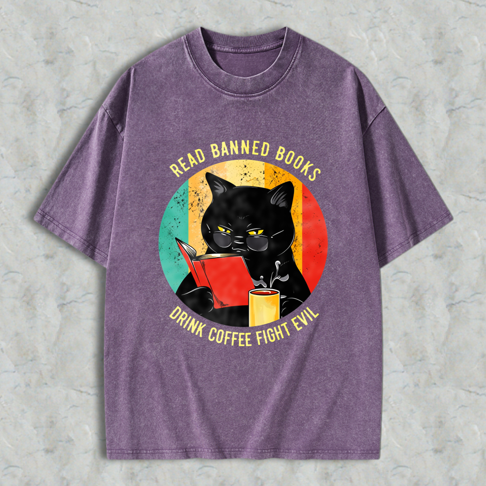 Wardrobecart Cat Reading Book With Coffee And Banned Books Text Unisex Washed T-shirt