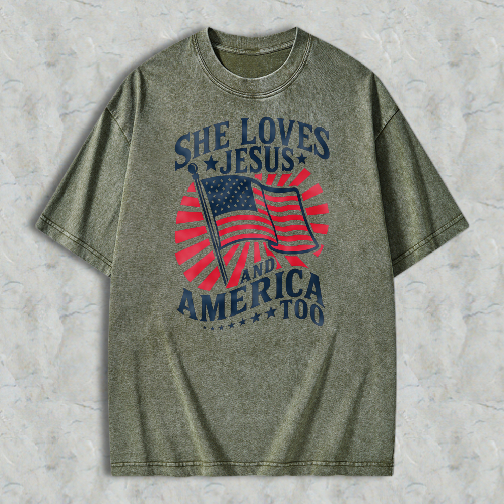 She Loves Jesus And America Too American Flag Design Washed T-shirt
