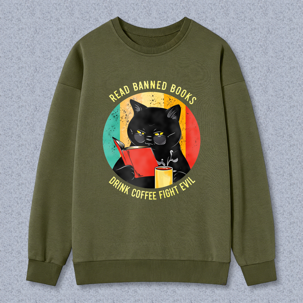 Wardrobecart Black Cat Reading Book With Coffee And Banned Books Text Unisex Classic Sweatshirt