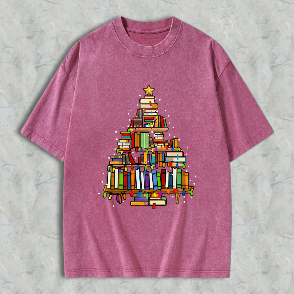 Wardrobecart Book Christmas Tree Unisex Washed T-shirt