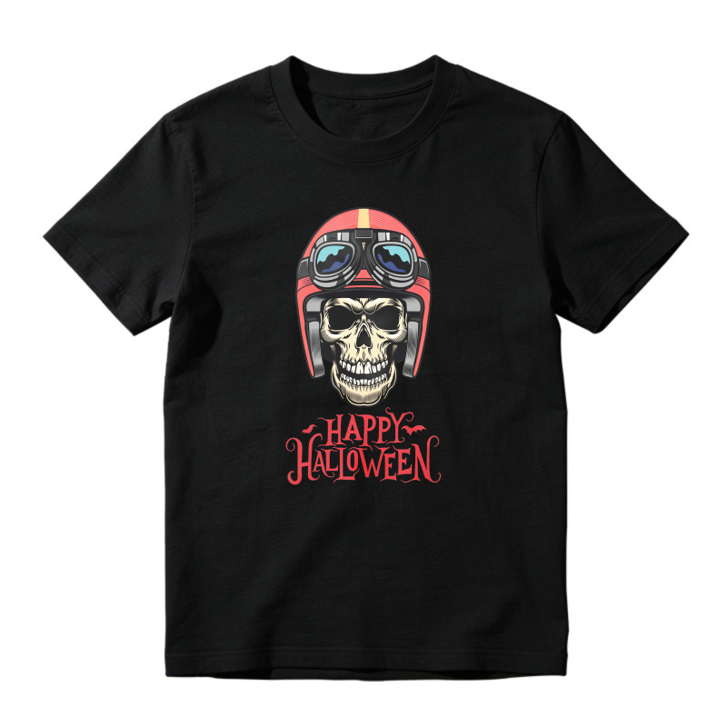 Skull Wearing Red Motorcycle Helmet With Goggles And Happy Halloween Text Unisex Classic T Shirt