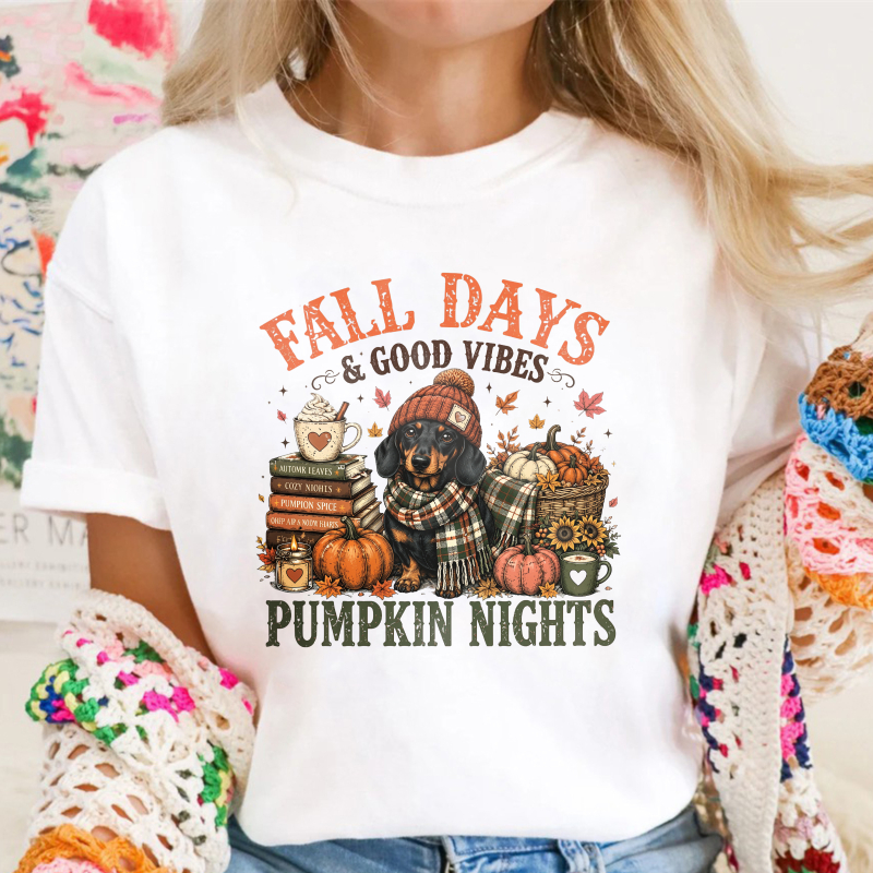 Fall Days And Good Vibes Pumpkin Nights Dachshund Dog Autumn Harvest, Unisex Classic T-shirt